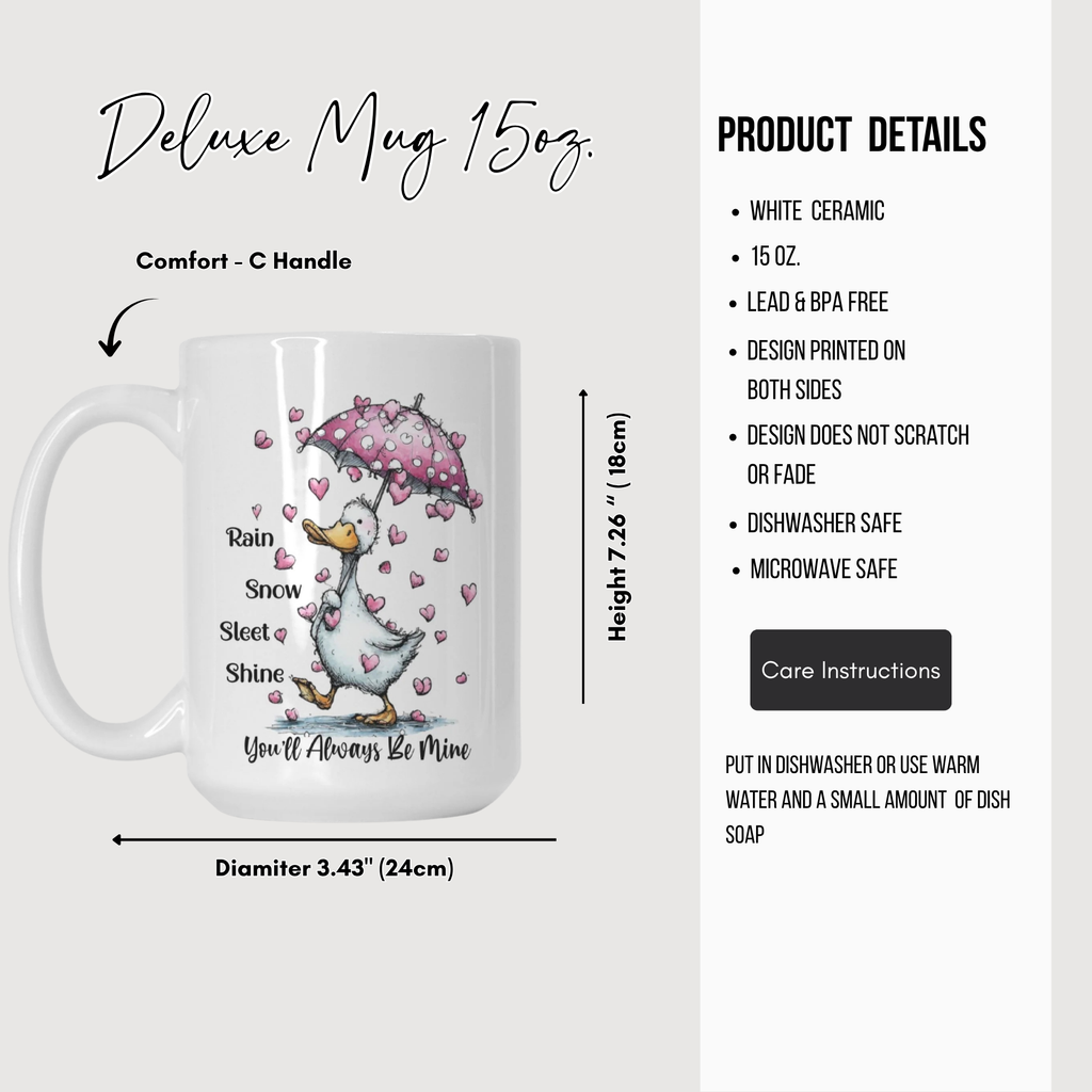 White ceramic mug with a goose holding an umbrella design and product details on a white background