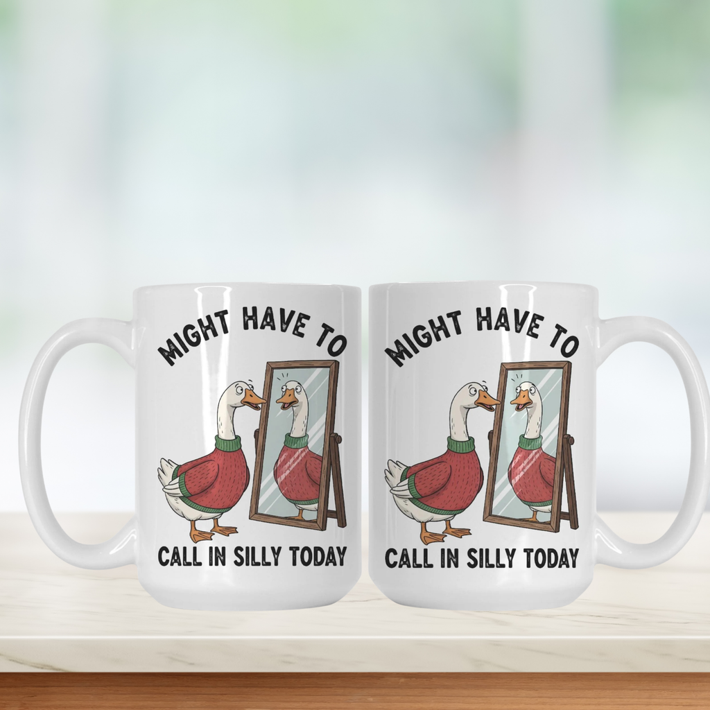 Two mugs with a duck illustration and text on a white background