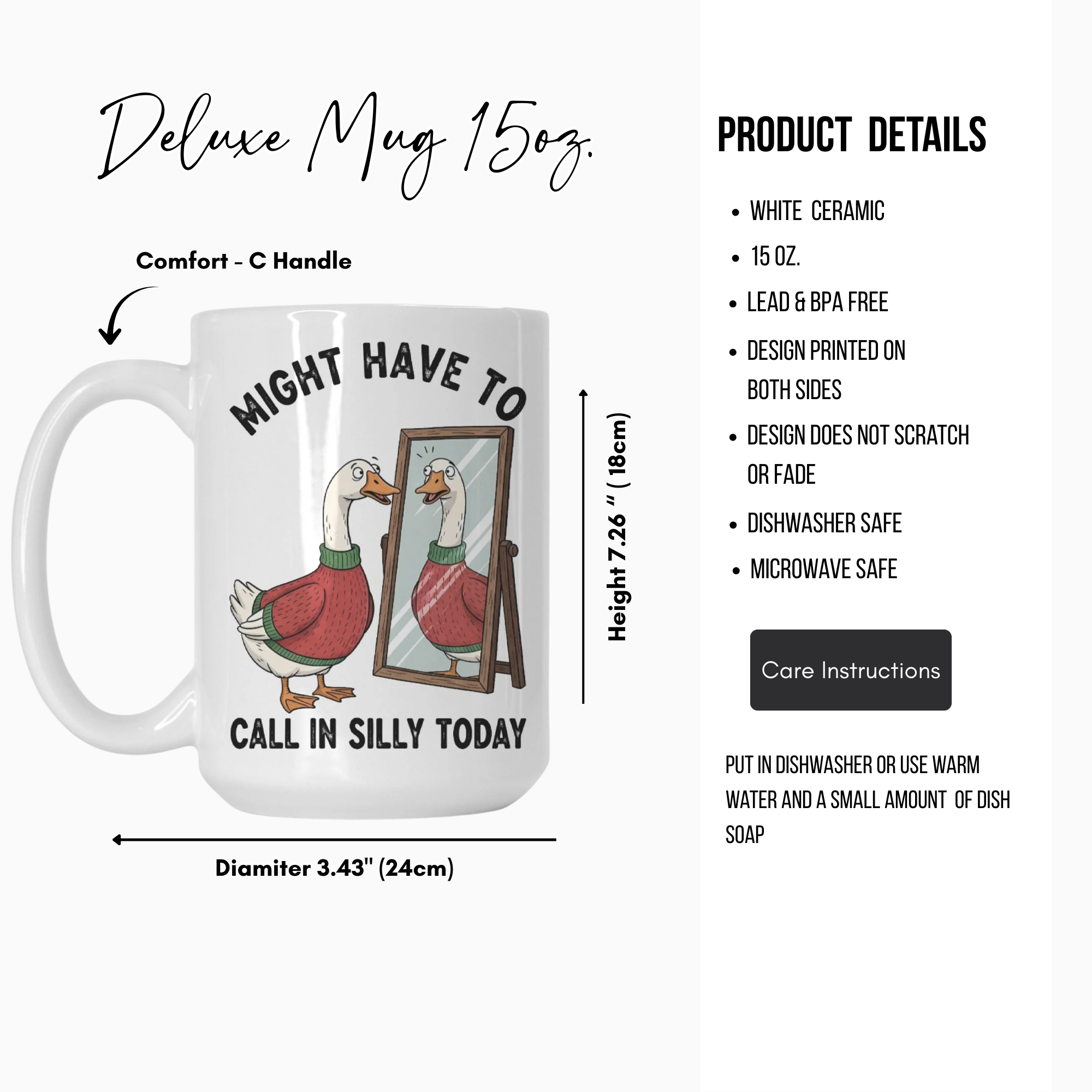 White ceramic mug with goose design and text, featuring product details on a white background.