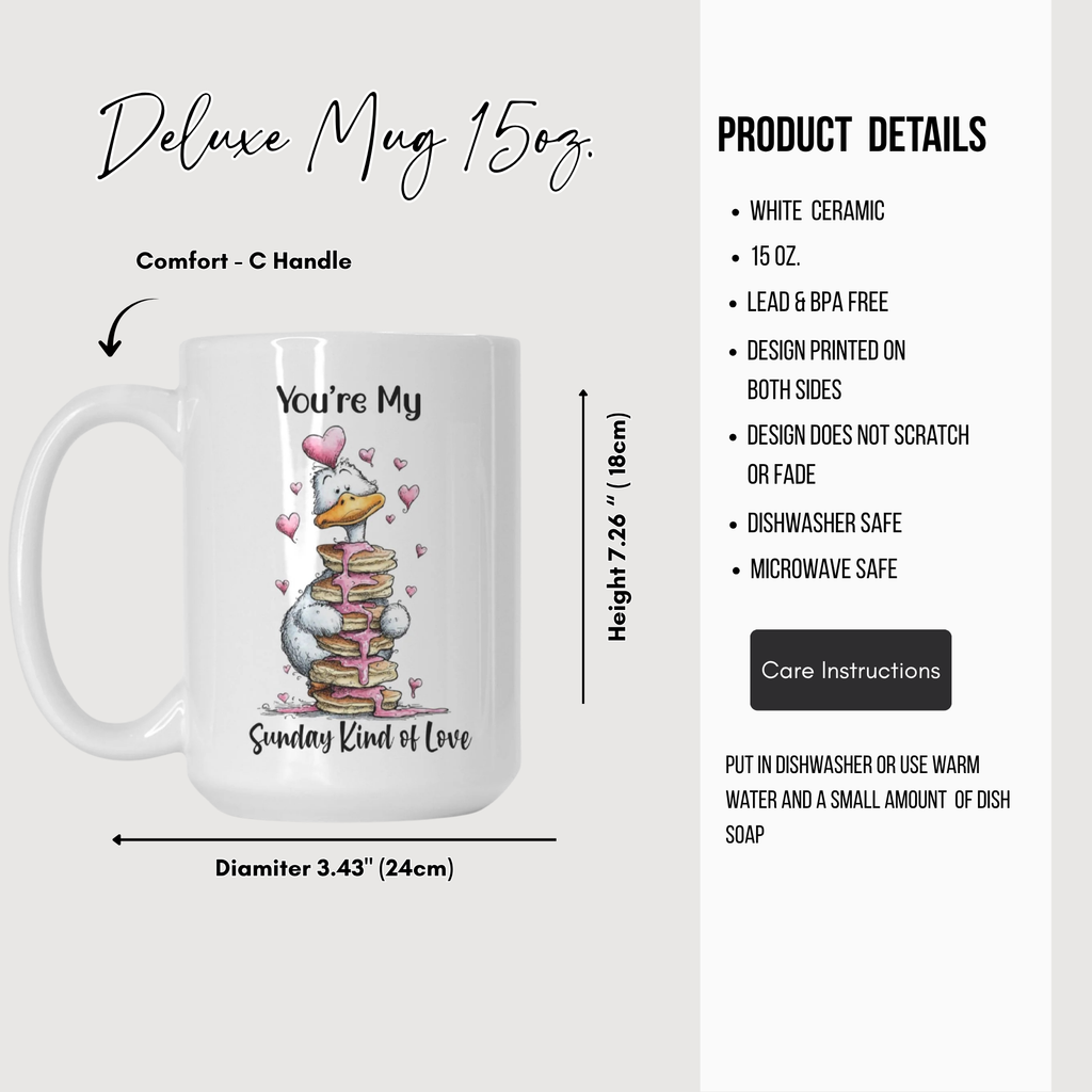 White ceramic mug with a valentine goose design and text, shown with product details on a white background.