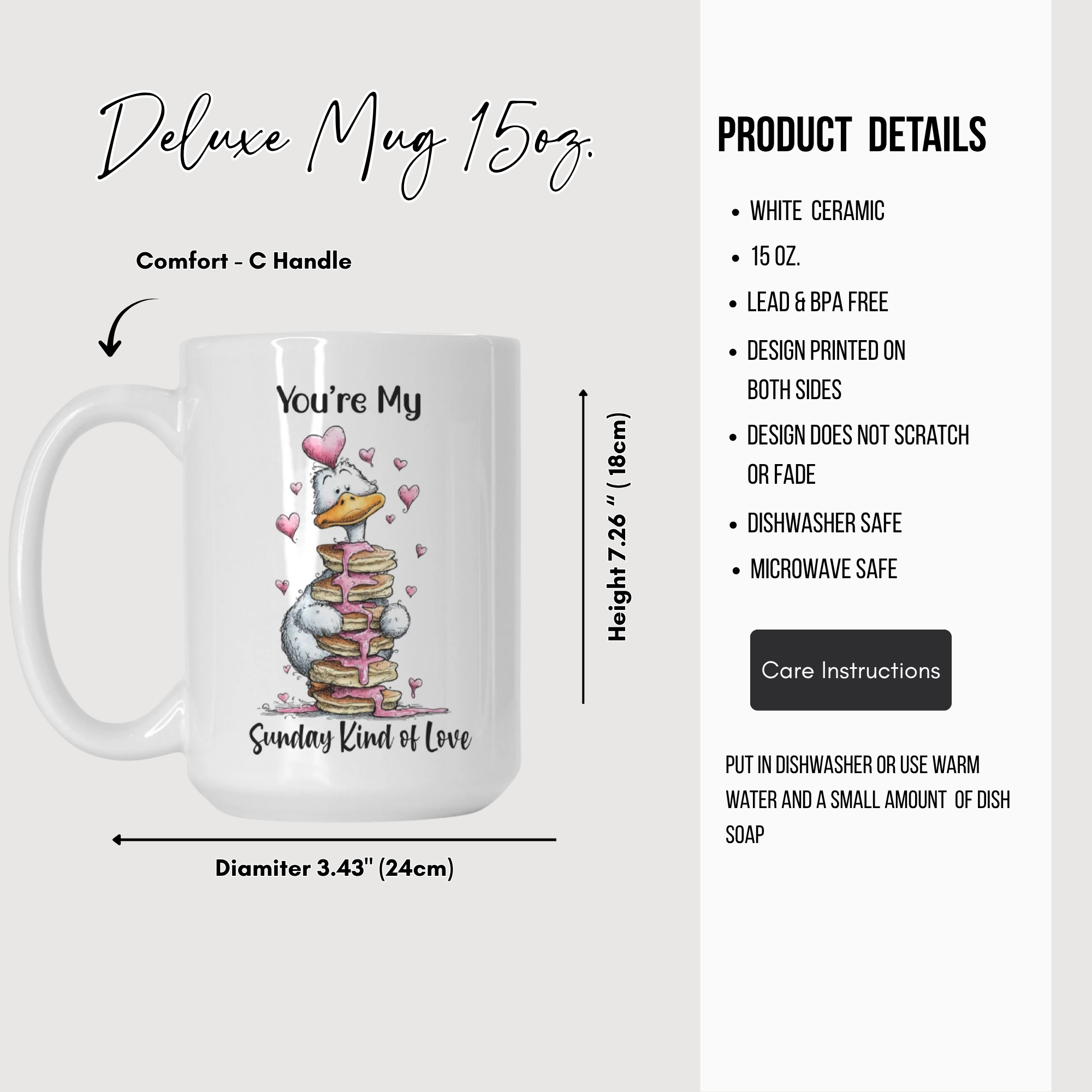 White ceramic mug with a valentine goose design and text, shown with product details on a white background.