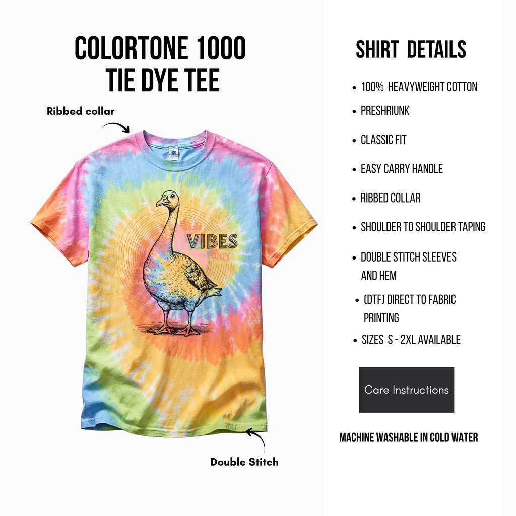 Colorful tie-dye t-shirt with a goose illustration and 'Goose Vibes' text, featuring shirt details on a white background.