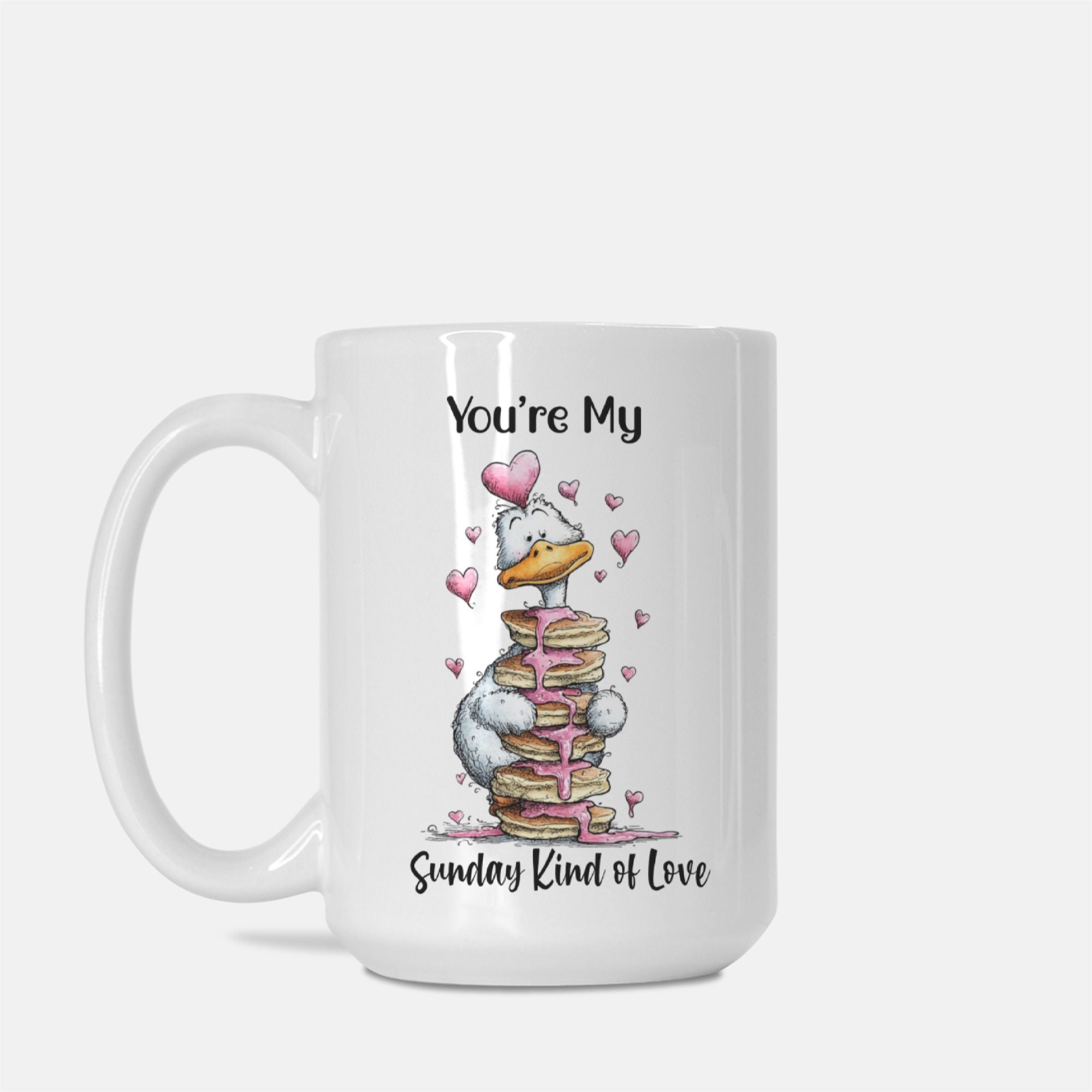 White mug with a cartoon goose and text on a white background