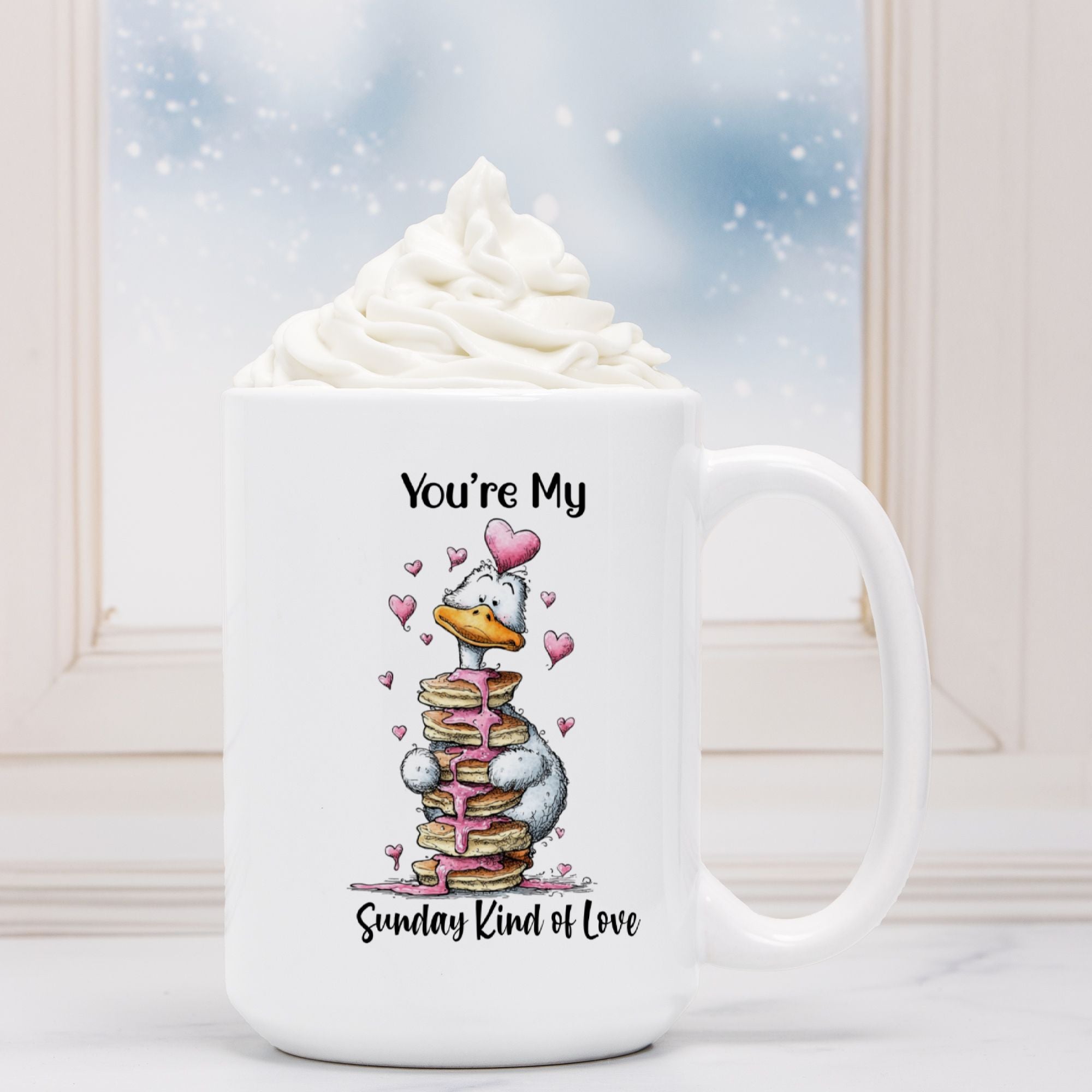 White mug with a cartoon duck and text on a white background