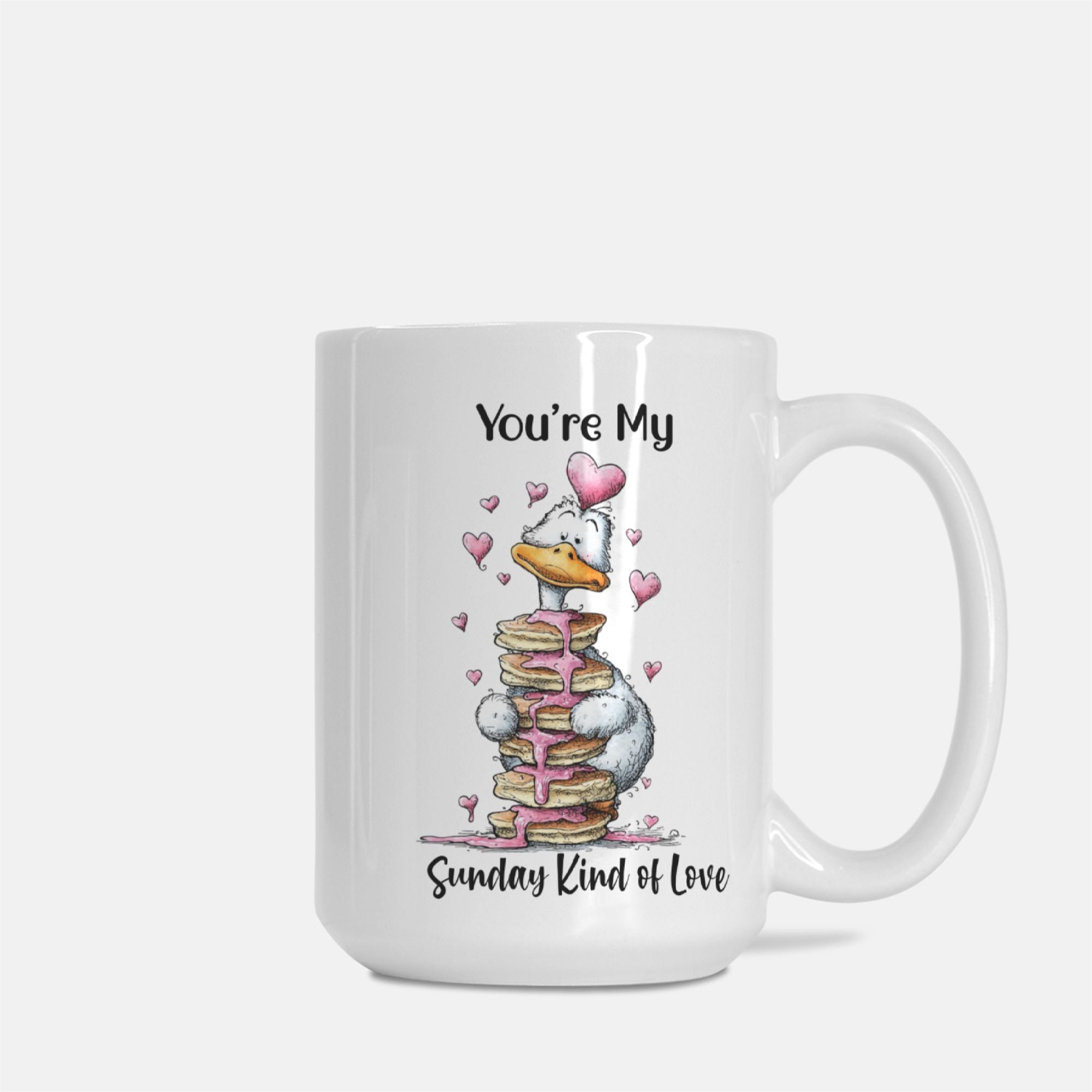 Mug with cartoon goose and heart design on a white background