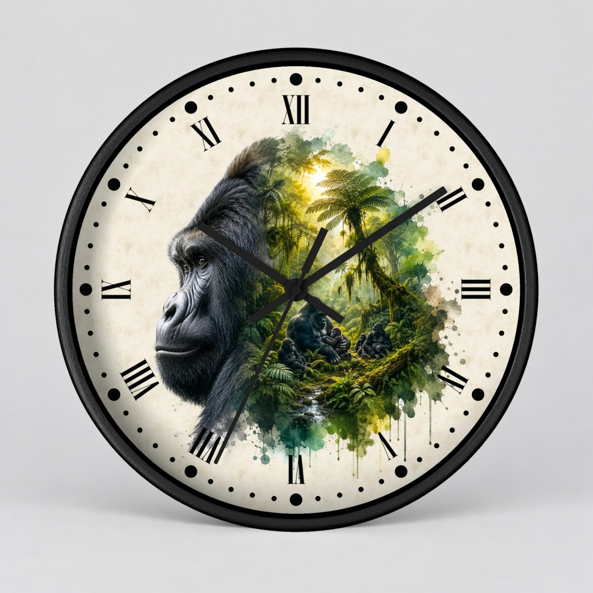 A round wall clock with a black frame and Roman numerals, featuring a split design: one half shows a gorilla face, and the other half shows a lush green jungle scene. The clock is photographed against a neutral light gray background.