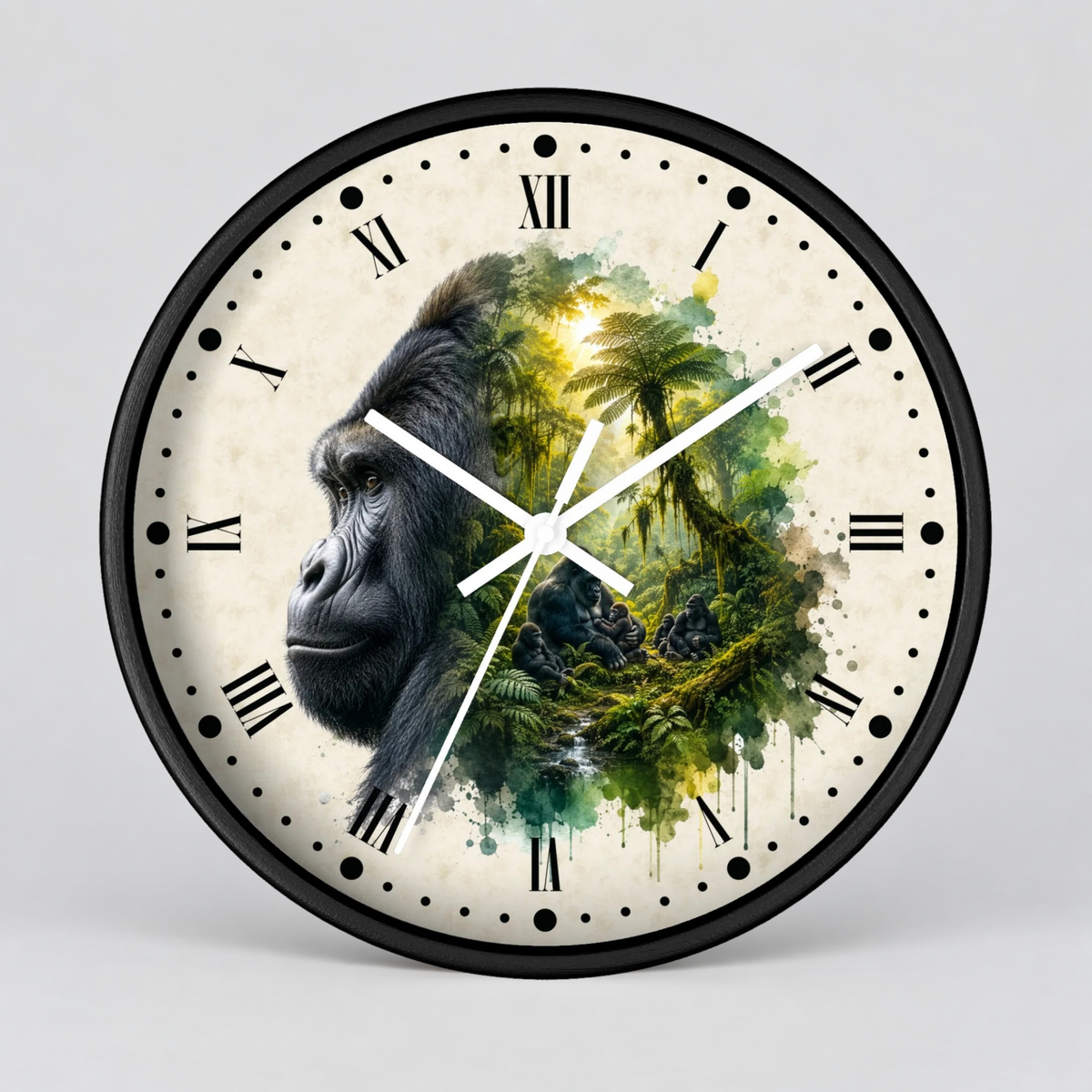 A round wall clock with a black frame and Roman numerals, featuring a split design: a gorilla's face on the left and a lush green jungle scene on the right, set against a light gray background.