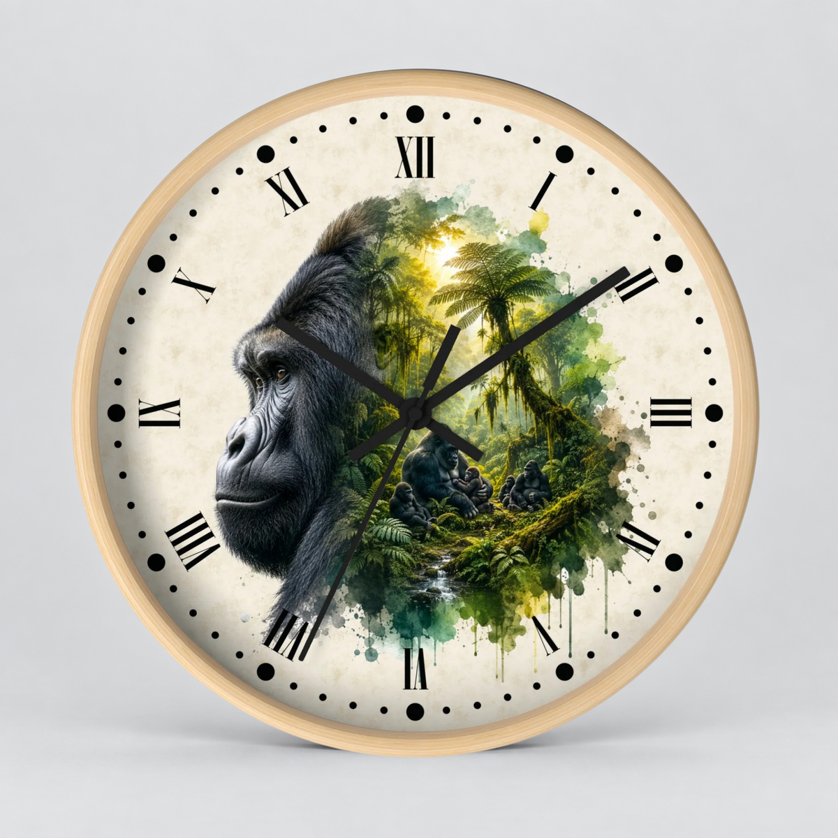 A round wall clock with a light wood frame and a split design: one half shows a gorilla portrait, the other half shows a lush jungle scene. The clock face is off-white with black Roman numerals and hands, photographed against a light gray background.