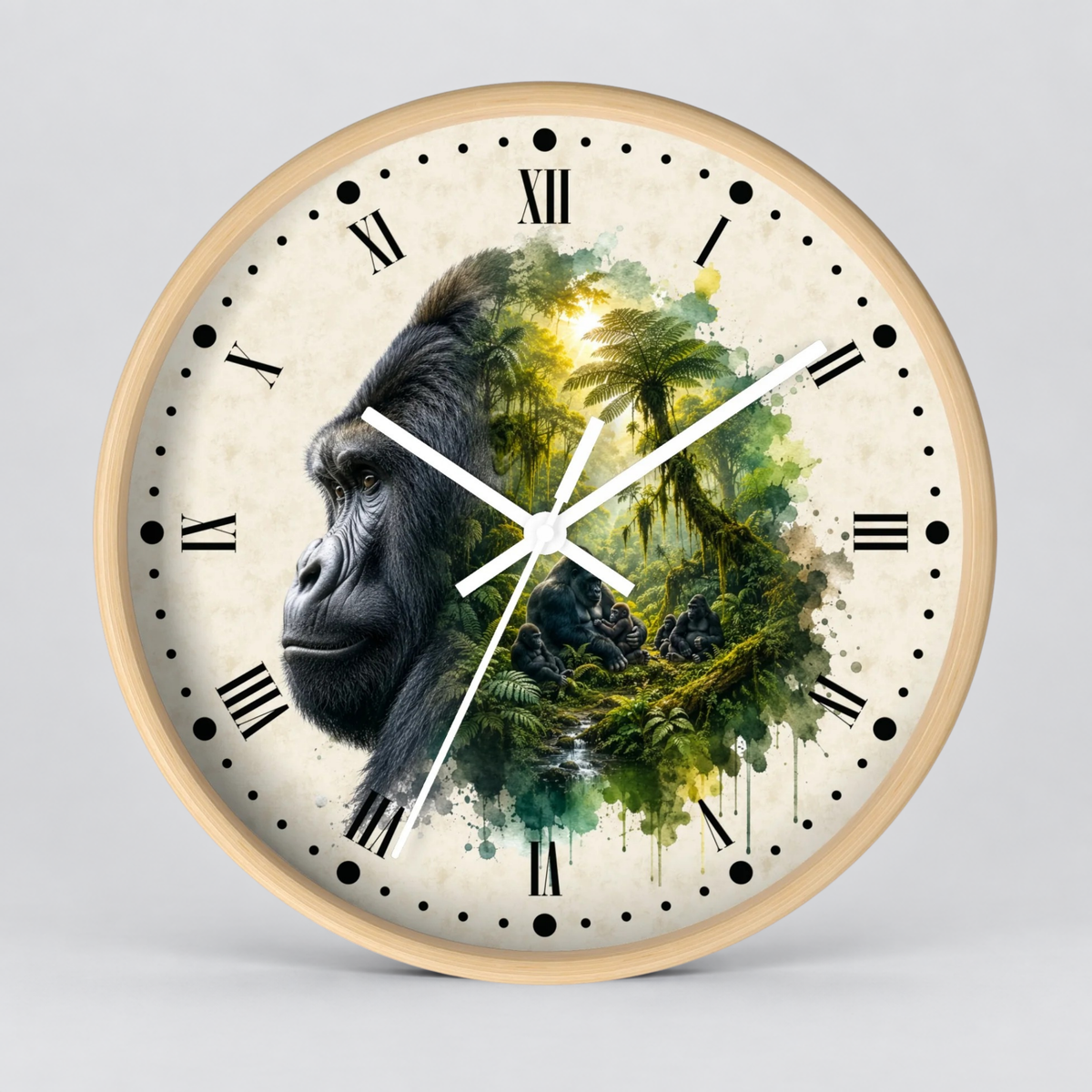 A round wall clock with a light wood frame, featuring a split design: a black-and-white gorilla portrait on the left and a lush green jungle scene on the right, with black Roman numerals and white hands on a light gray background.