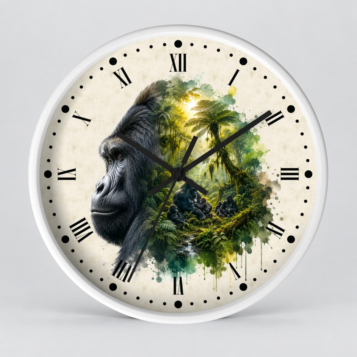 Round wall clock with a white frame and a split-face design: one half shows a gorilla portrait, the other half shows a lush jungle scene with green foliage, palm trees, and a bright yellow light. Roman numerals and black hour markers surround the face, and the clock hands are black.
