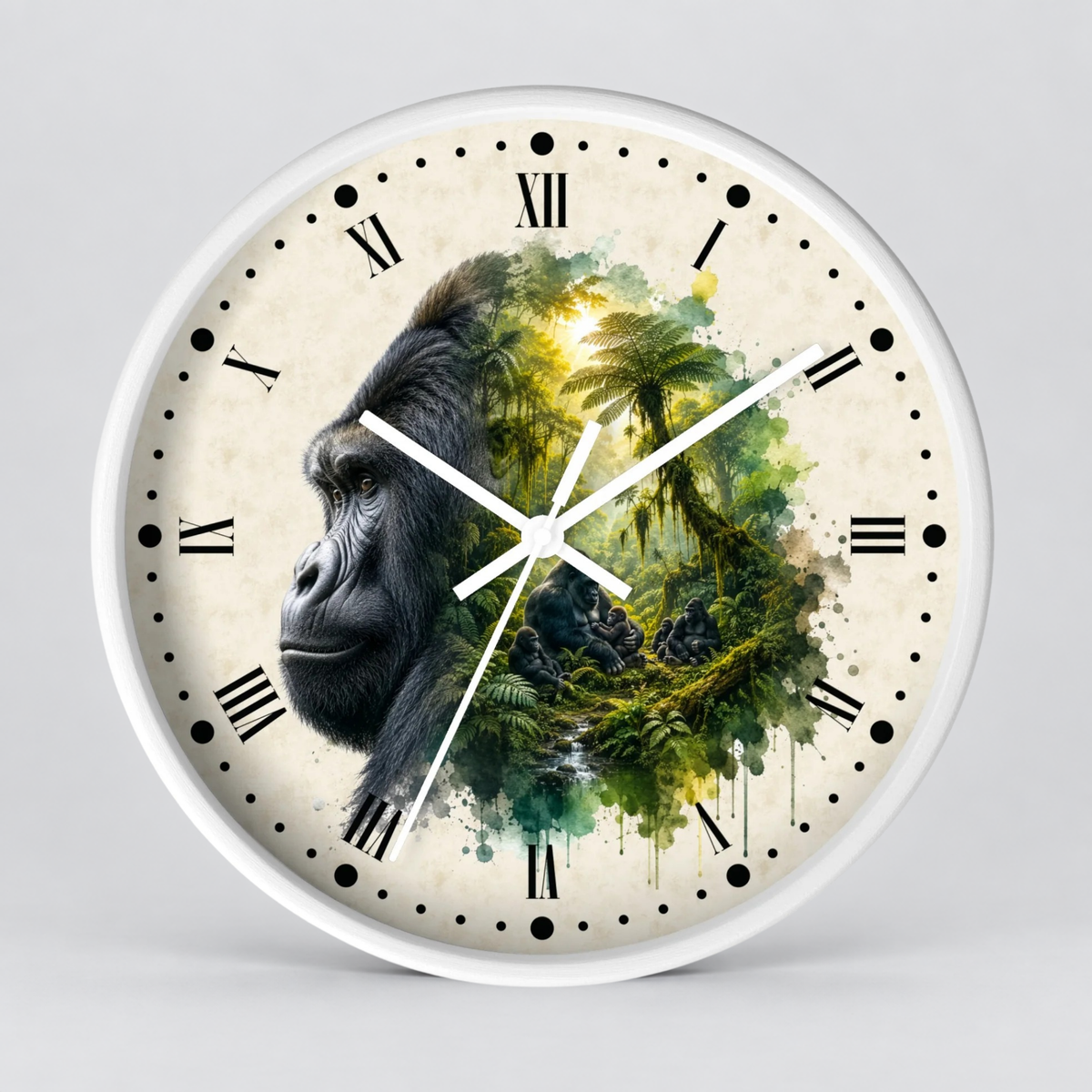A round wall clock with a white frame and Roman numerals, featuring a split design: one half shows a gorilla face in black and gray, the other half shows a green jungle scene with palm trees and a bright sun. The clock hands are white, and the background is a clean light gray studio backdrop.