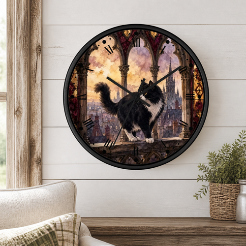 A round wall clock with a black cat walking under gothic arches, mounted on a white shiplap wall above a wooden table with a potted plant.