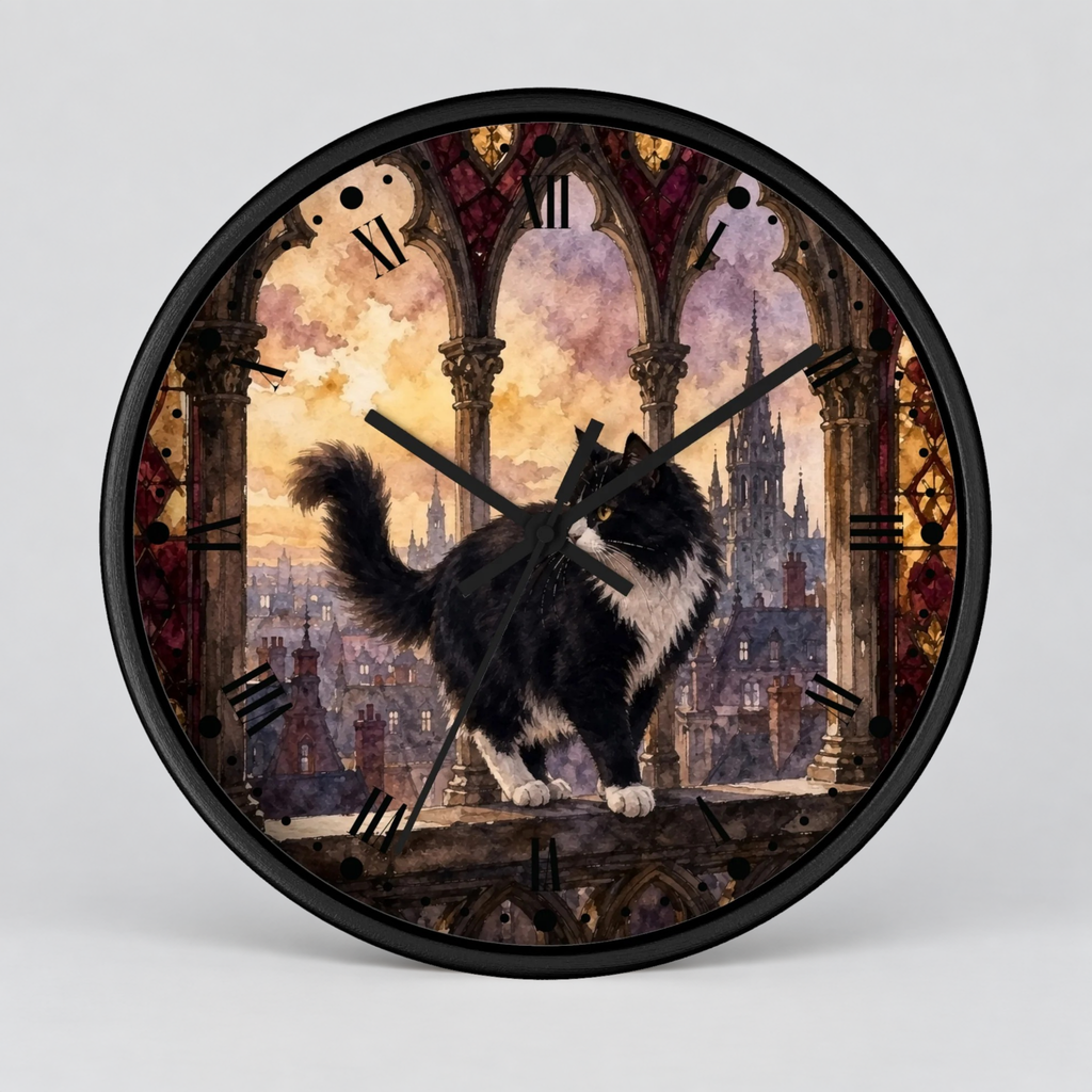Gothic Black Tuxedo Cat Cathedral Wood Wall Clock