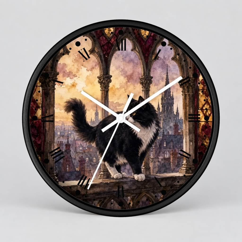 Gothic Black Tuxedo Cat Cathedral Wood Wall Clock