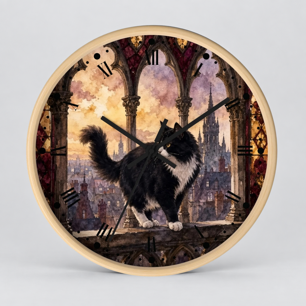 Gothic Black Tuxedo Cat Cathedral Wood Wall Clock