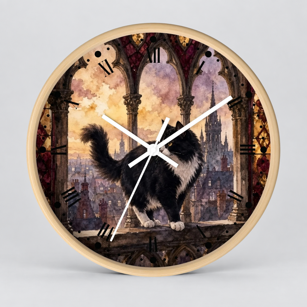 Gothic Black Tuxedo Cat Cathedral Wood Wall Clock