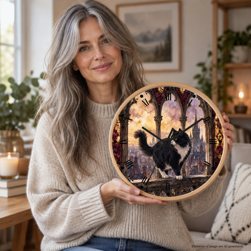A woman with long gray hair holds a round wooden hoop clock in a cozy, warmly lit room. The clock face features a whimsical illustration of a black and white cat standing on a window ledge in front of gothic arches and a sunset sky.