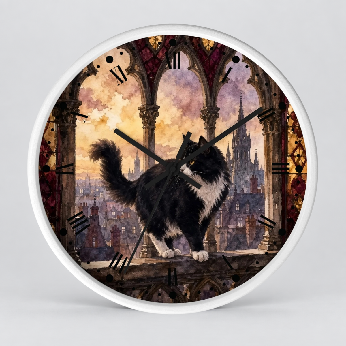 Gothic Black Tuxedo Cat Cathedral Wood Wall Clock