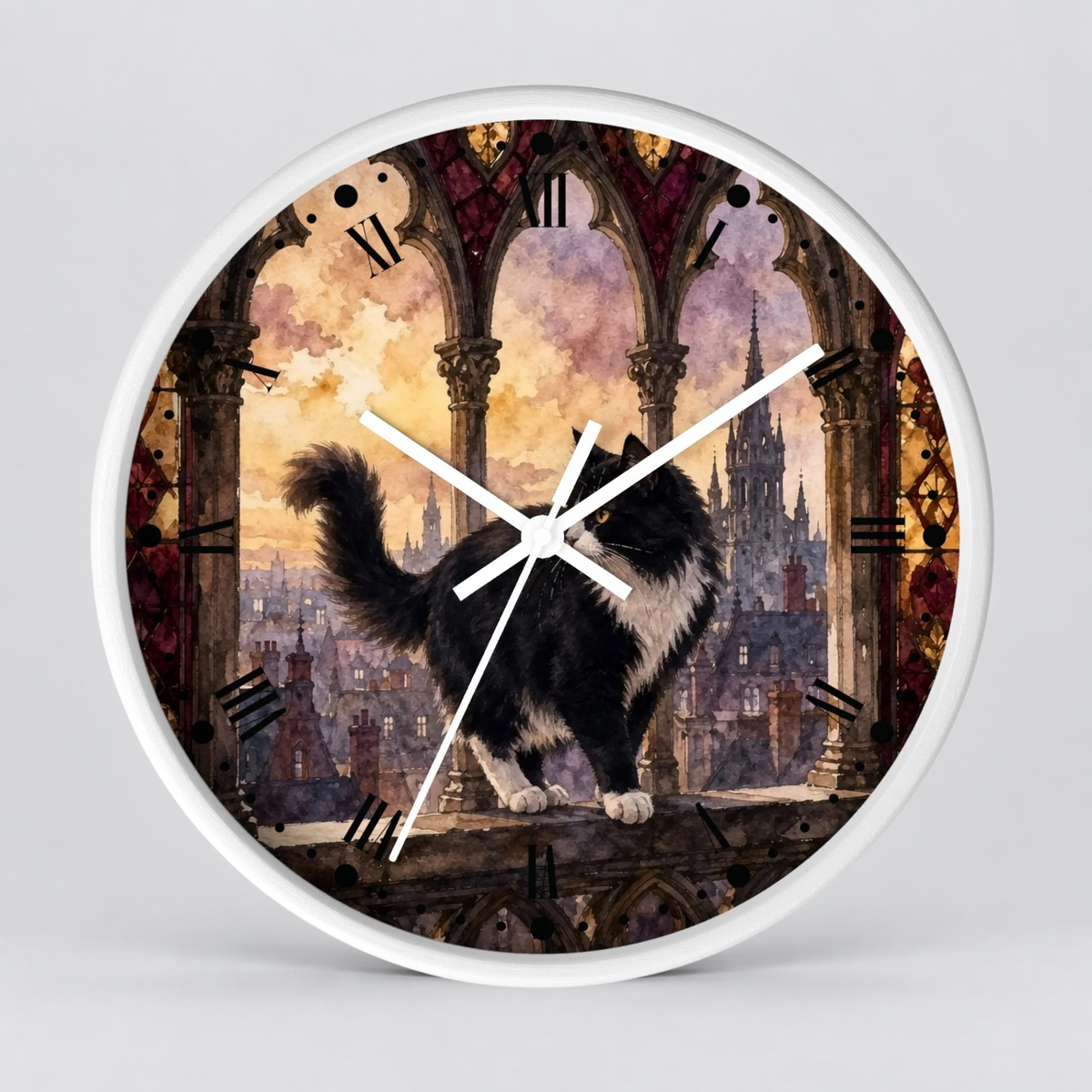Gothic Black Tuxedo Cat Cathedral Wood Wall Clock