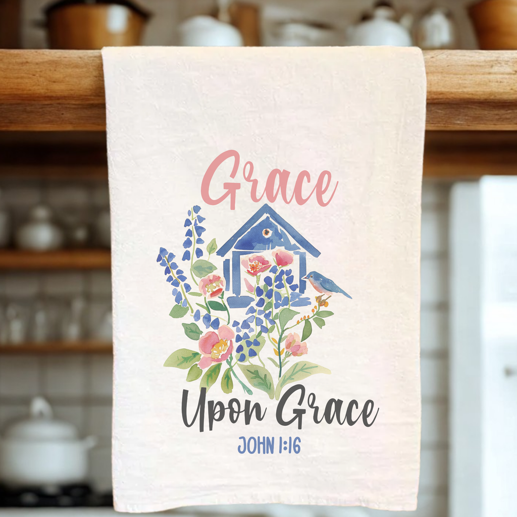 Kitchen towel with decorative design and text in a kitchen setting