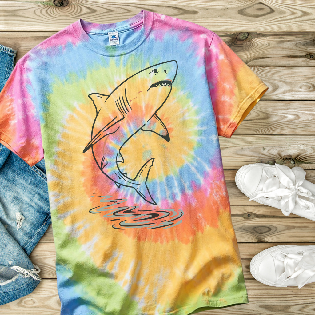 Tie-dye t-shirt in the color Eternity with a hand drawn shark design on a wooden surface with jeans and shoes.