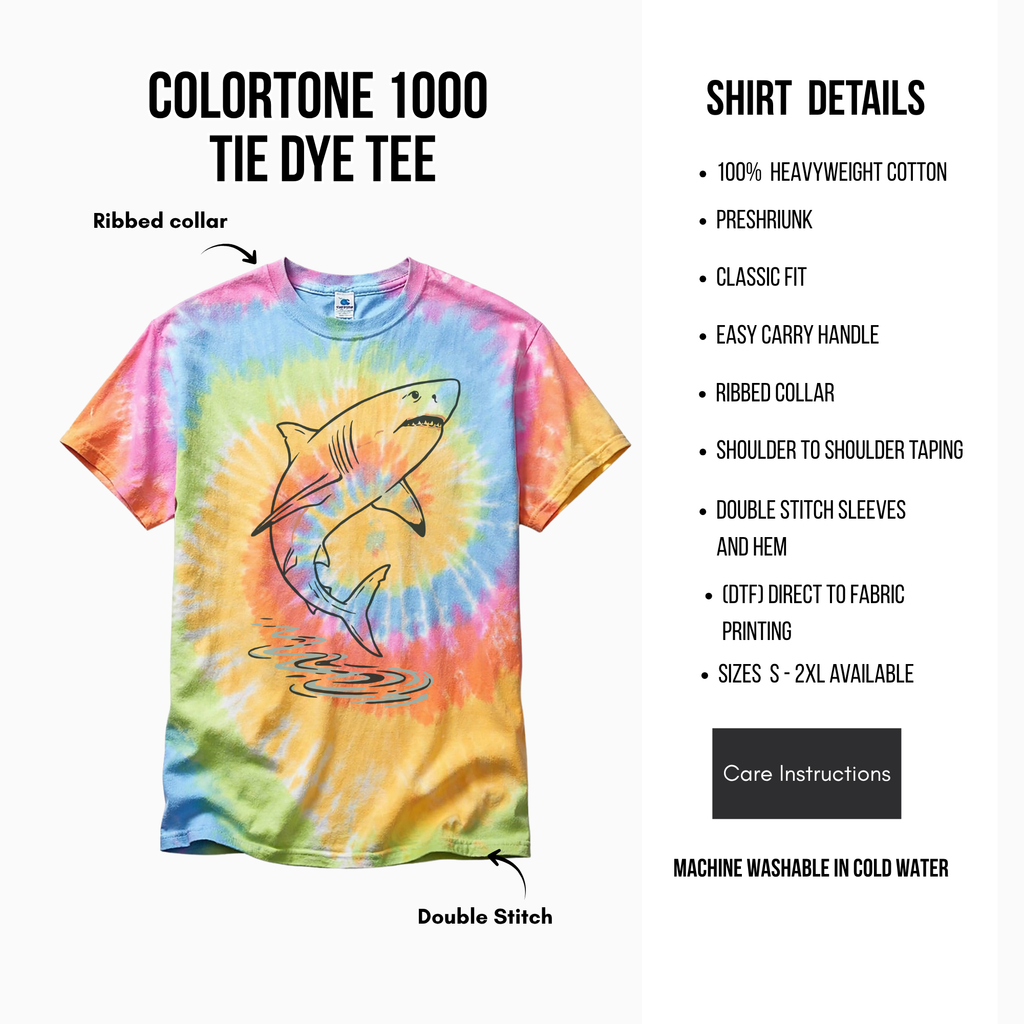 Tie-dye t-shirt with shark design and product details on a white background
