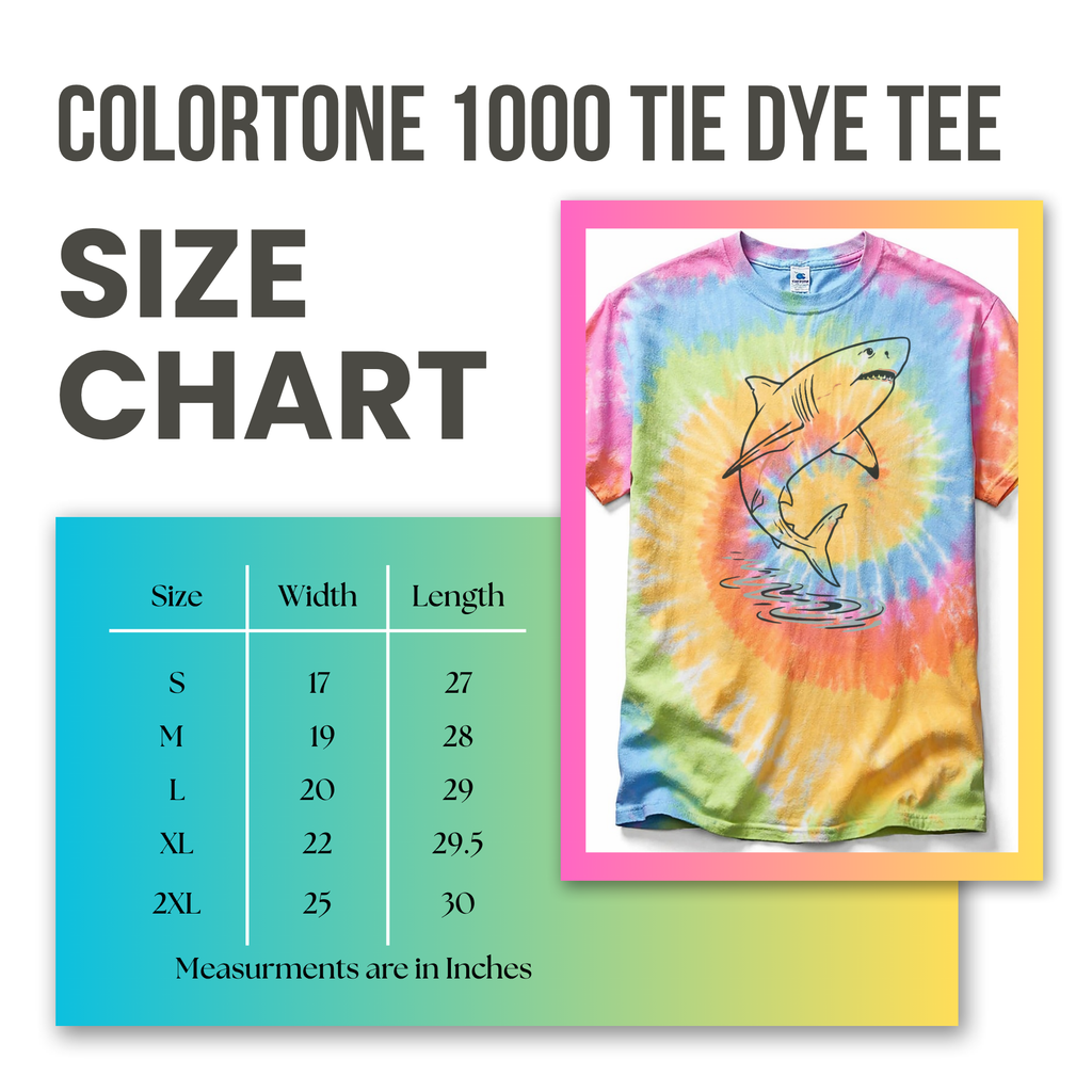 Size chart for Colortone 1000 Tie Dye Tee with a colorful t-shirt featuring a hand drawn shark design.
