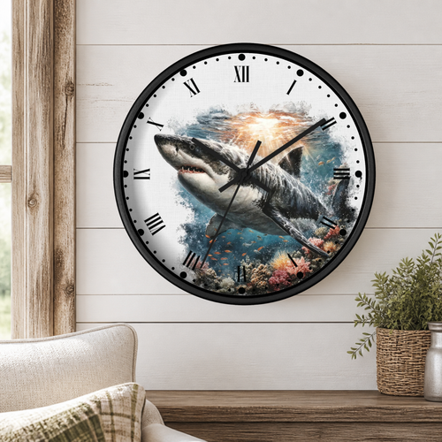 A round wall clock with a black frame and a printed shark underwater design, mounted on a white wood-paneled wall above a wooden console table with a plant and part of a sofa visible.