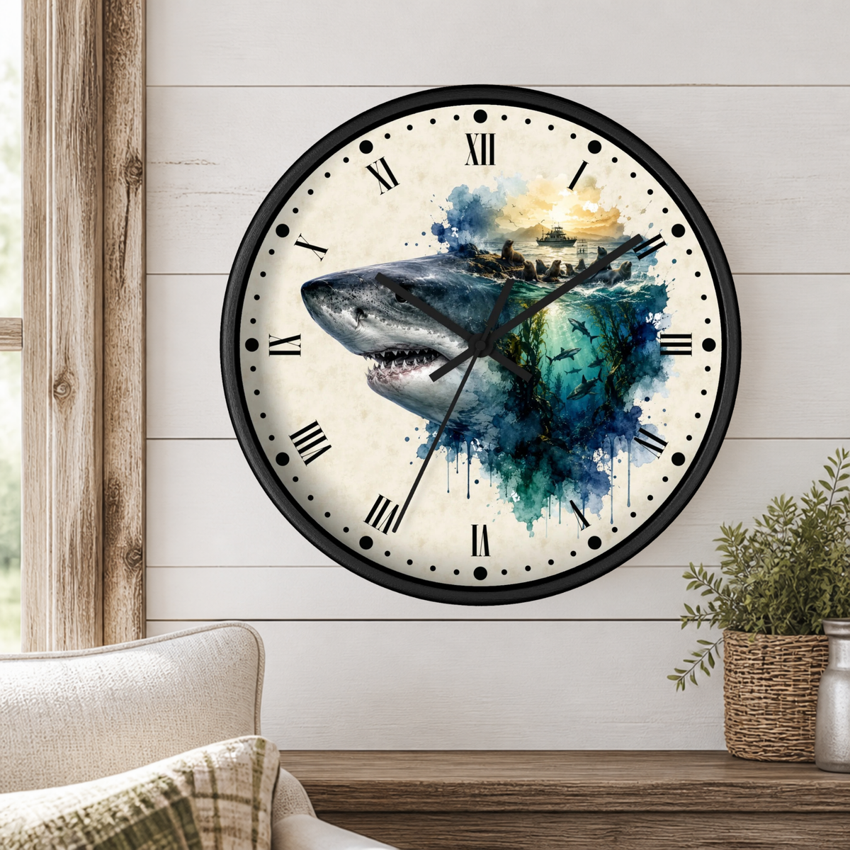 A round wall clock with a black frame and a shark watercolor design on the face, mounted on a white wood-paneled wall above a wooden console table with a plant and part of a sofa visible.