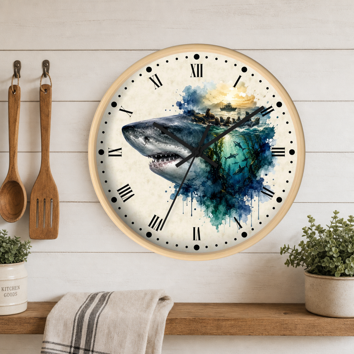 A round wall clock with a light wood frame hangs on a white wood-paneled kitchen wall above a shelf with plants and a towel. The clock face features a watercolor-style shark illustration in blue, teal, and gray tones over a cream background with black Roman numerals.