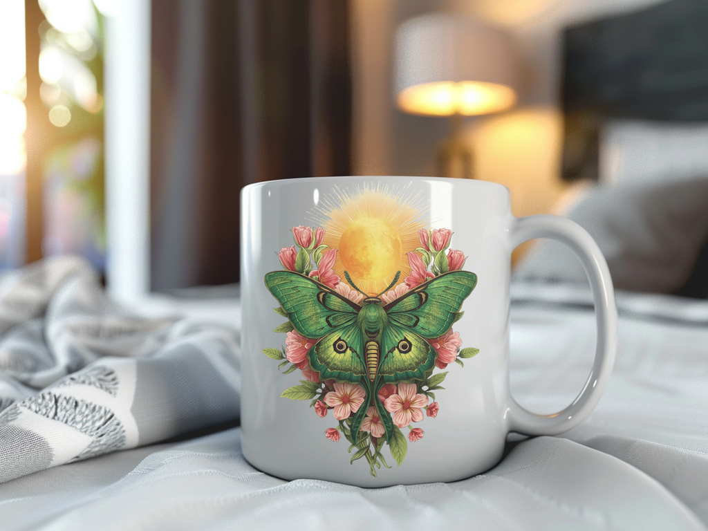 White mug with a green lunar moth and floral design on a bed with a blurred background