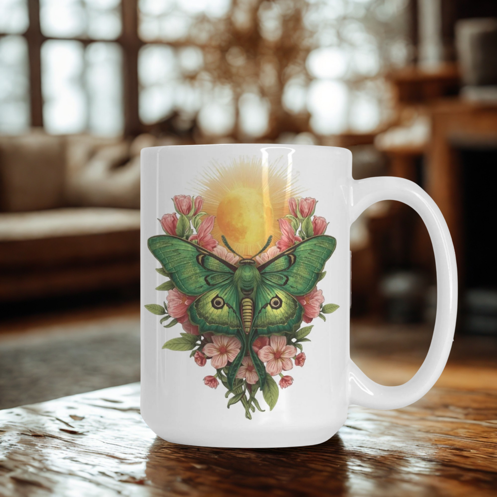 White mug with a green lunar moth and floral design on a wooden table.