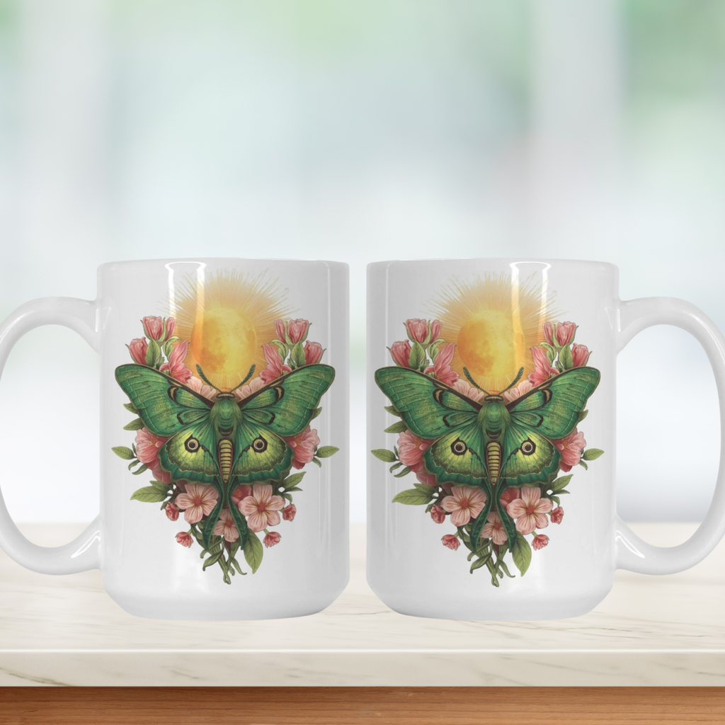 Two white mugs with a green butterfly and floral design on a white background
