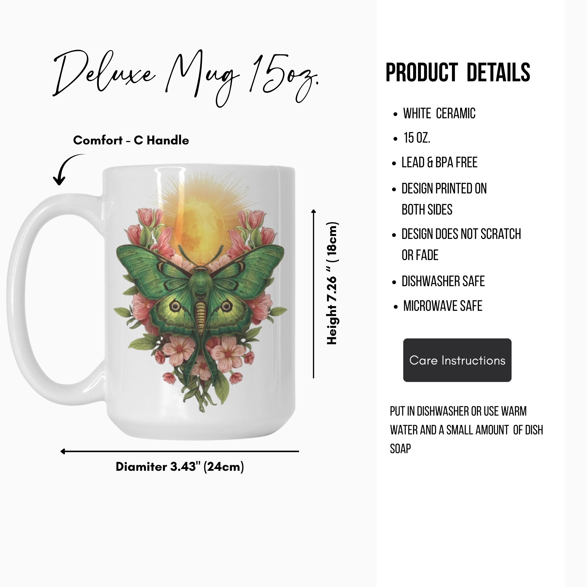 White ceramic mug with a green lunar moth design, featuring product details on a white background.