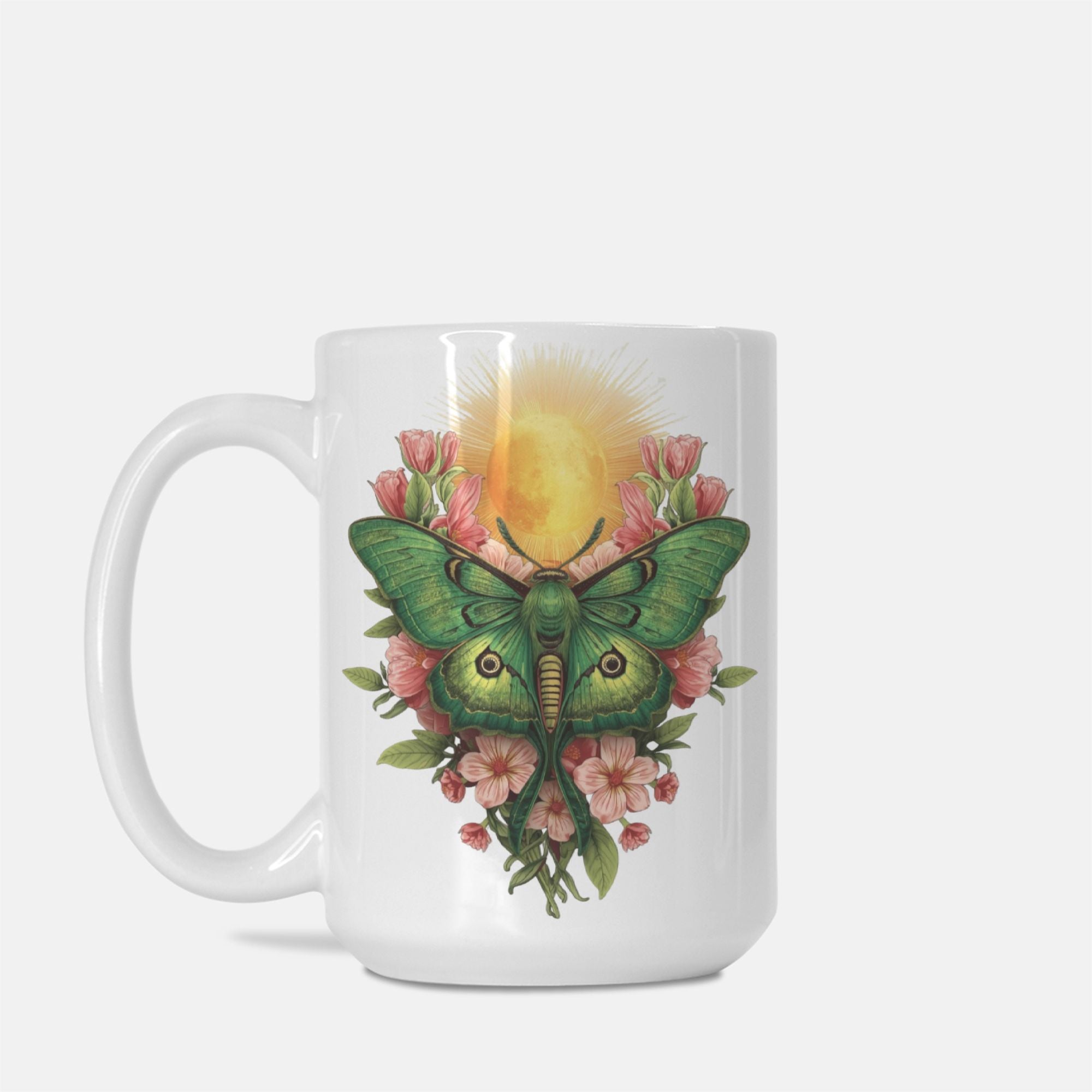 White mug with a green moth and floral design on a white background