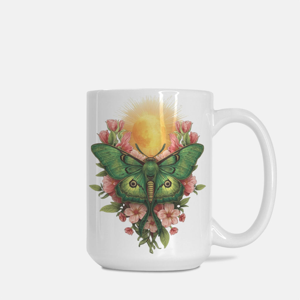 White mug with a green butterfly and floral design on a white background