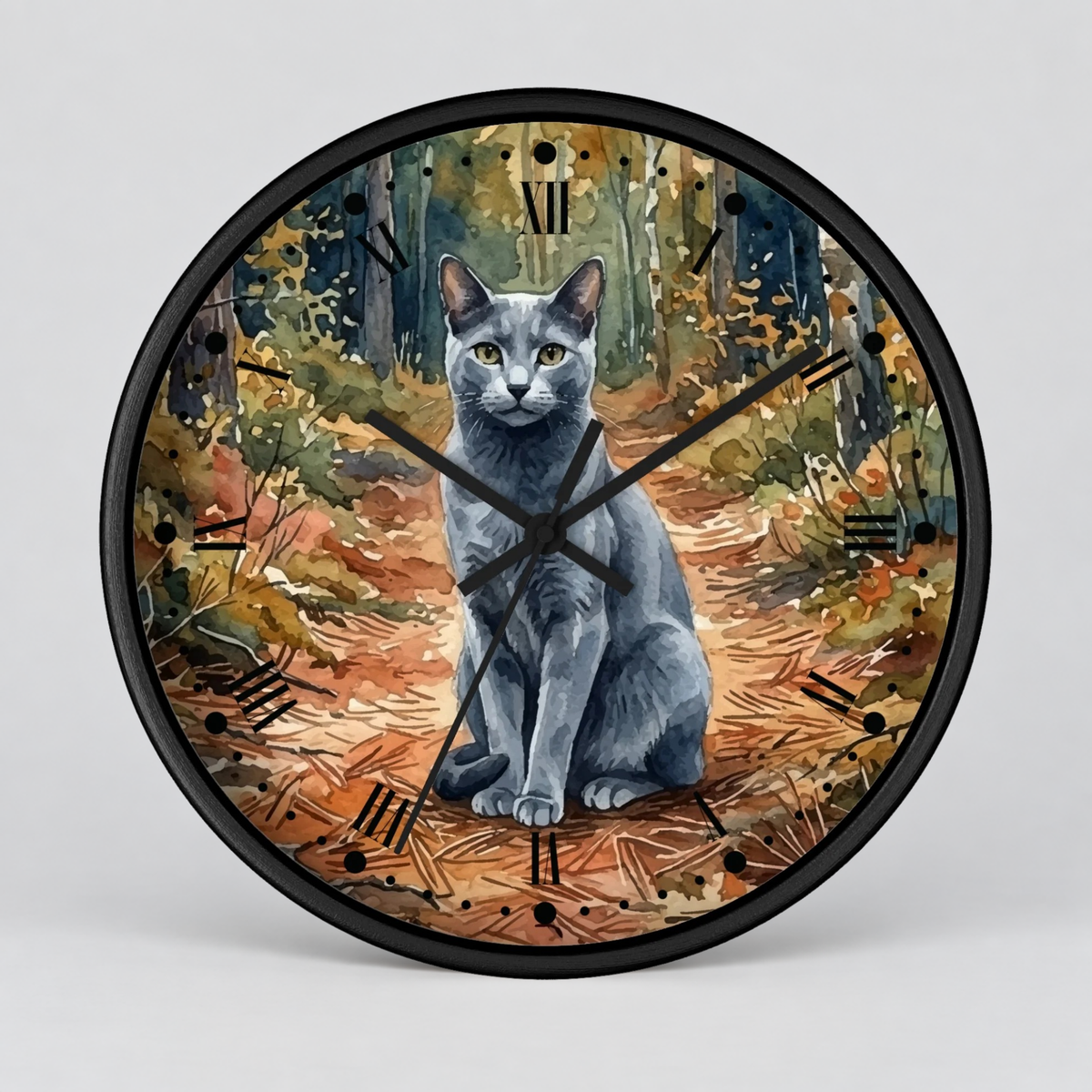 Russian Blue Cat Forest Wall Clock — Watercolor Animal Art Decor