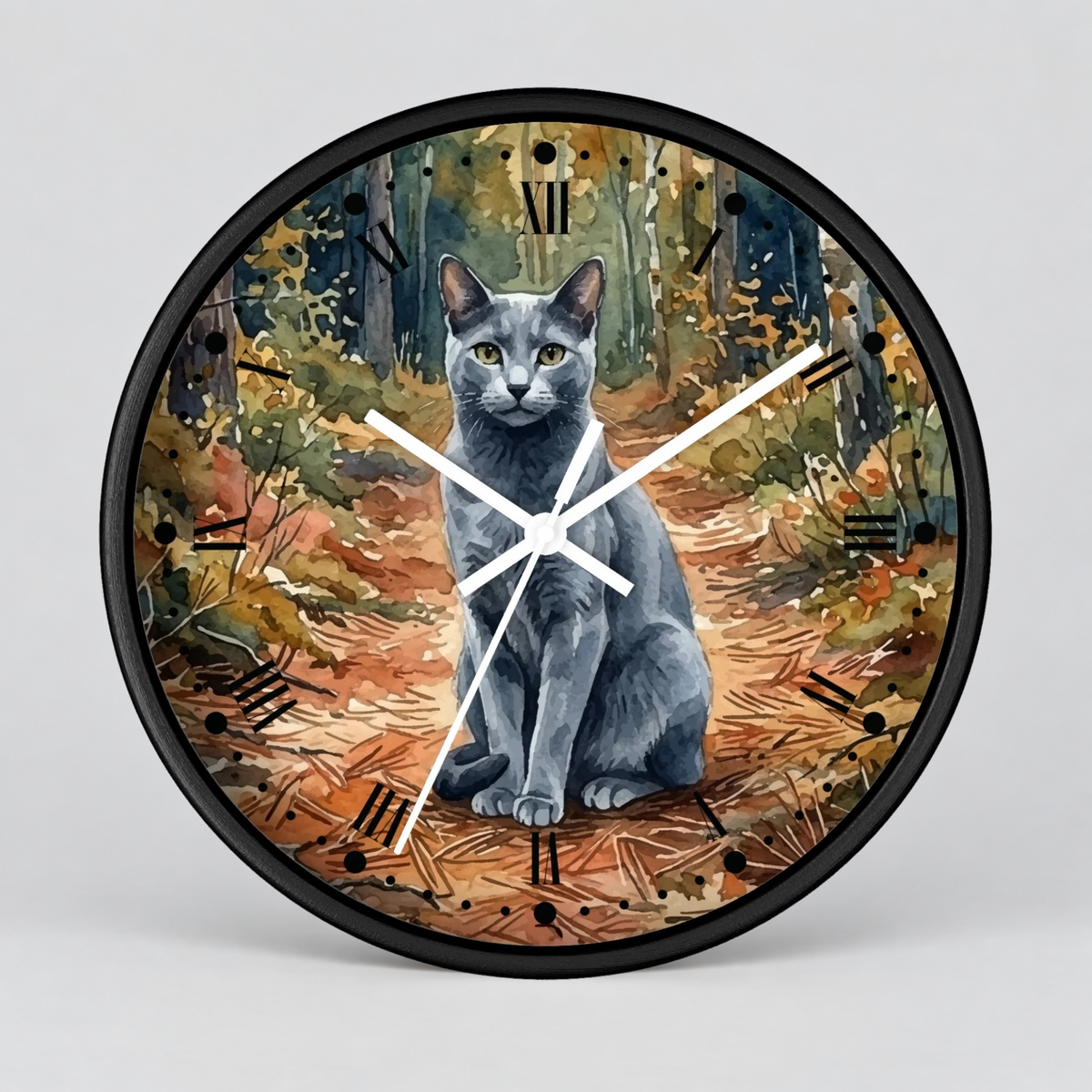 Russian Blue Cat Forest Wall Clock — Watercolor Animal Art Decor