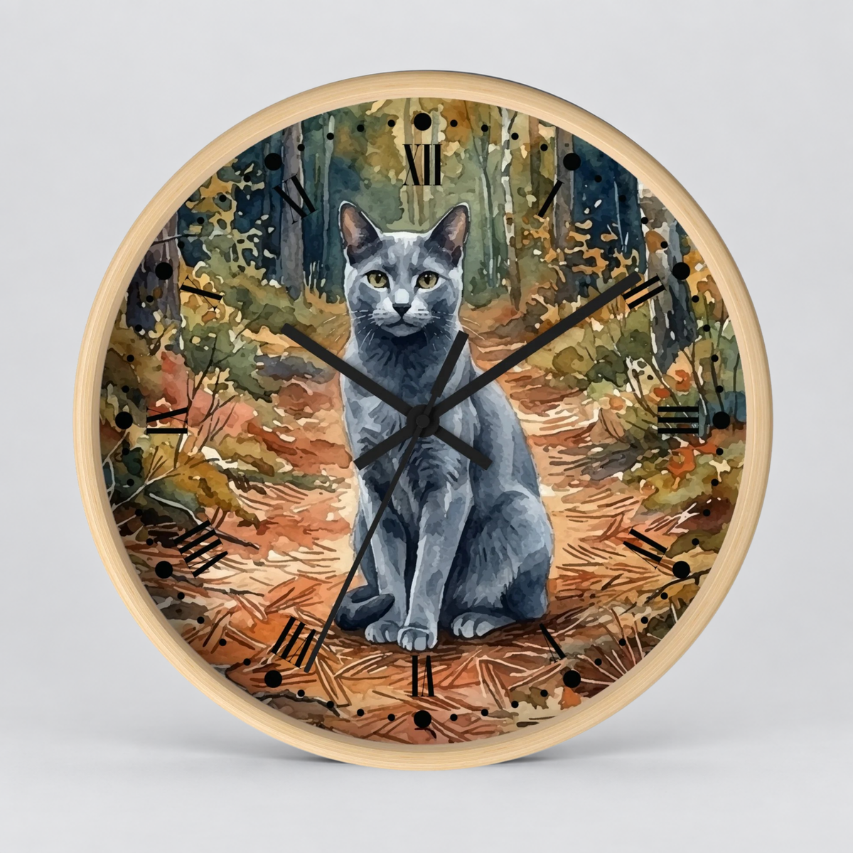 Russian Blue Cat Forest Wall Clock — Watercolor Animal Art Decor