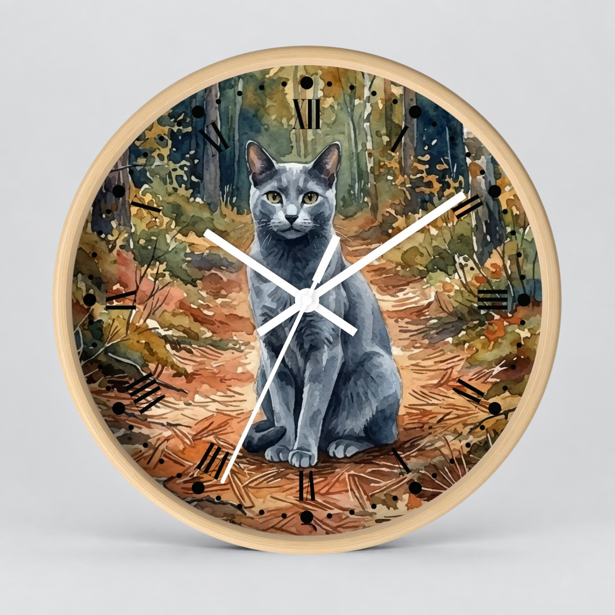 Russian Blue Cat Forest Wall Clock — Watercolor Animal Art Decor