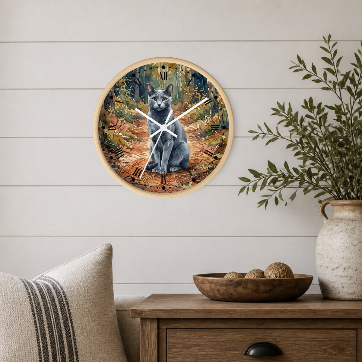 Russian Blue Cat Forest Wall Clock — Watercolor Animal Art Decor