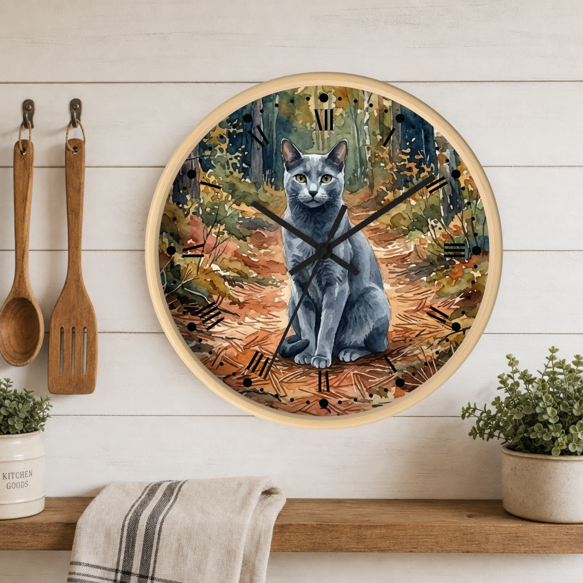 Russian Blue Cat Forest Wall Clock — Watercolor Animal Art Decor
