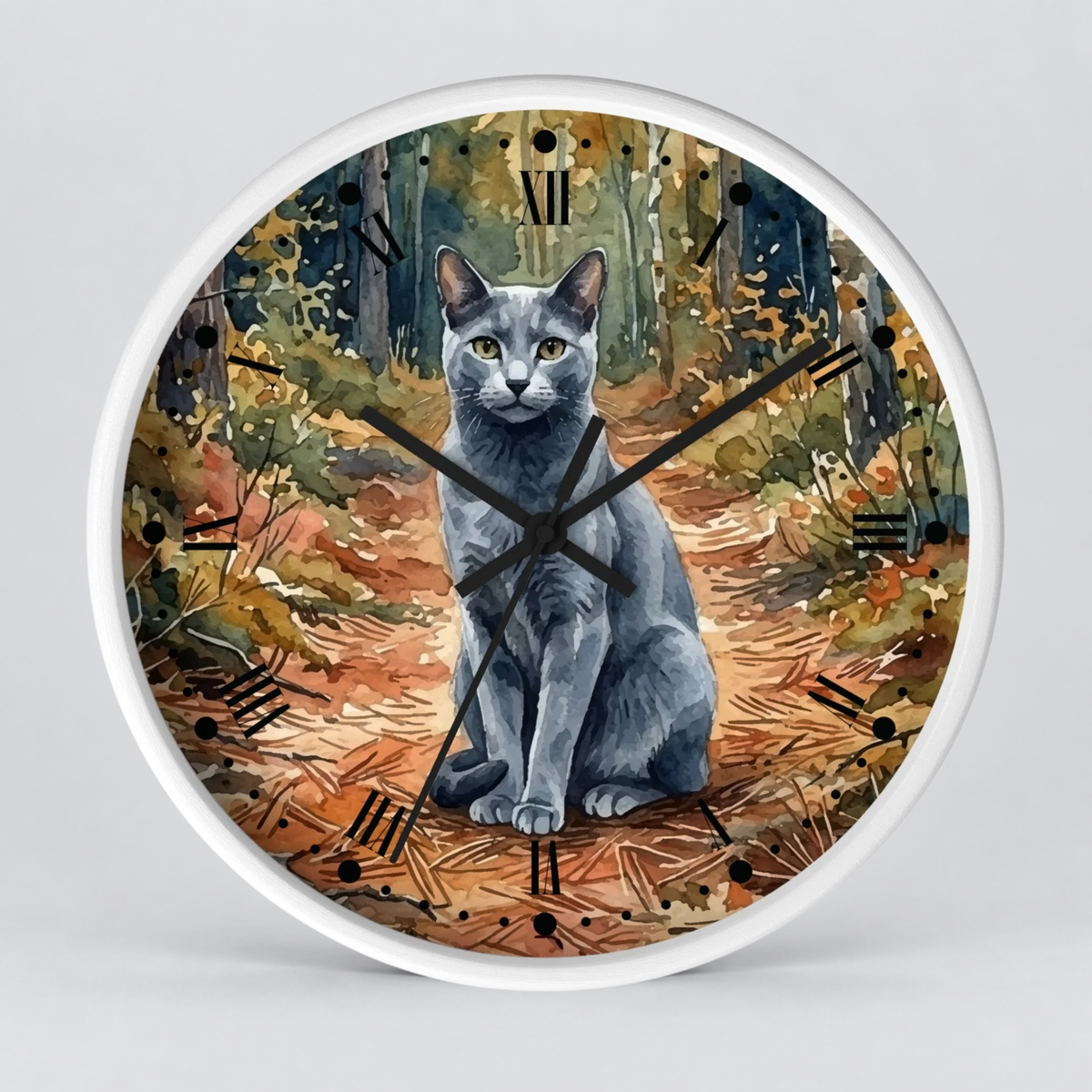 Russian Blue Cat Forest Wall Clock — Watercolor Animal Art Decor