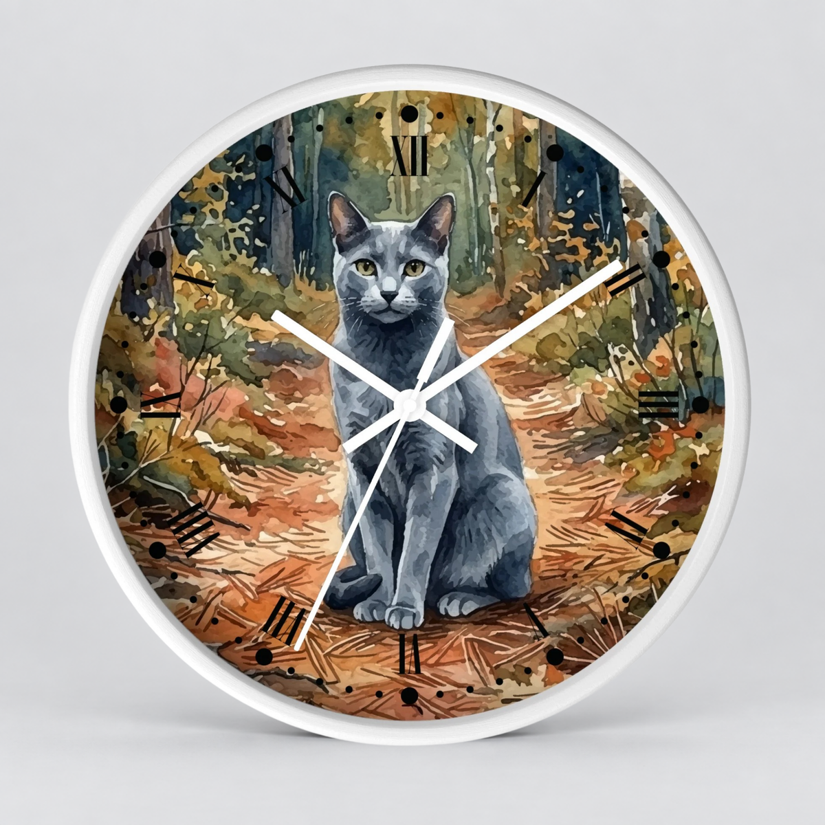 Russian Blue Cat Forest Wall Clock — Watercolor Animal Art Decor