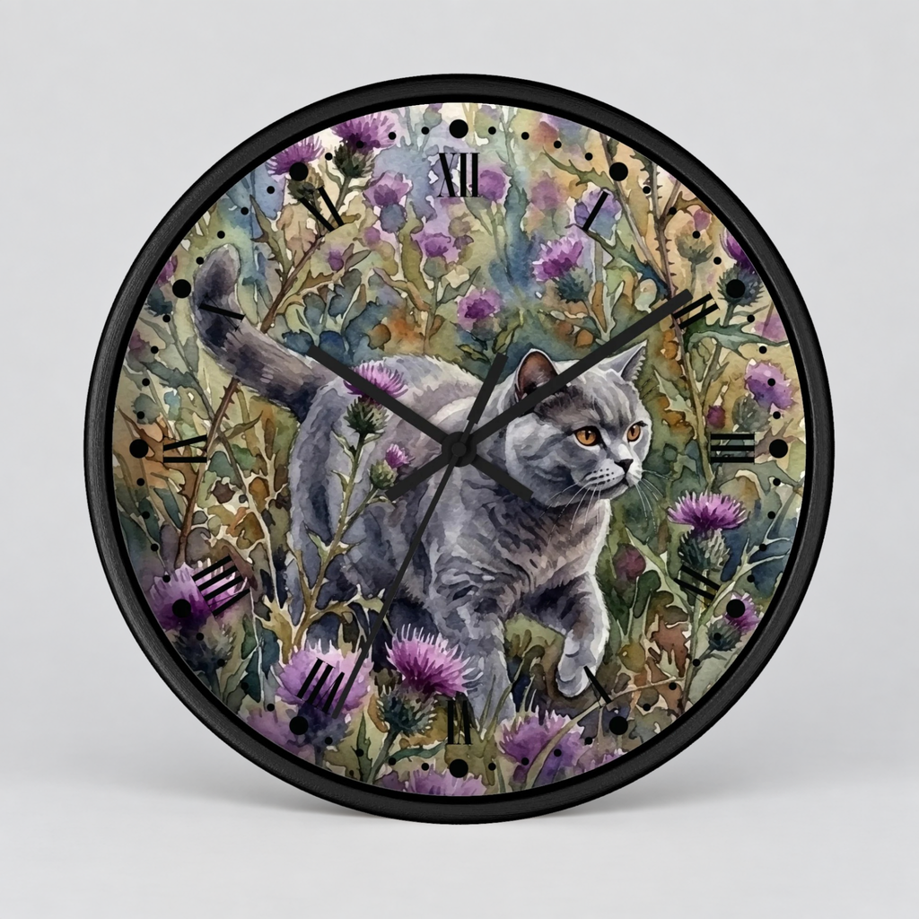 Gray Cat in Lavender Wildflowers Wood Wall Clock
