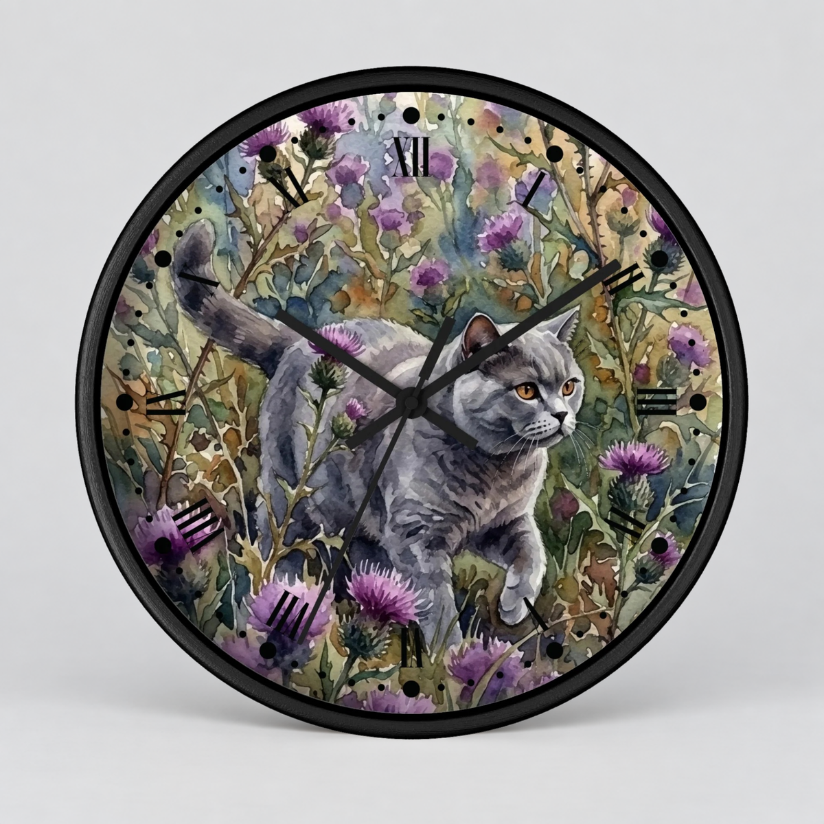 Gray Cat in Lavender Wildflowers Wood Wall Clock
