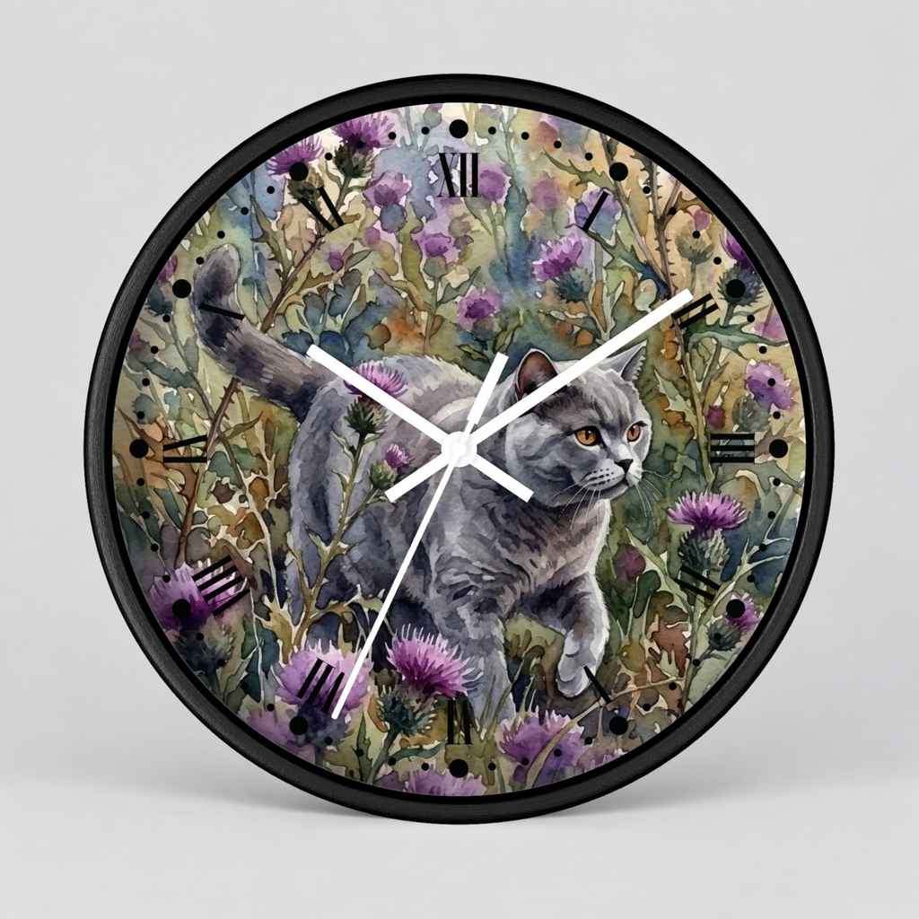 Gray Cat in Lavender Wildflowers Wood Wall Clock