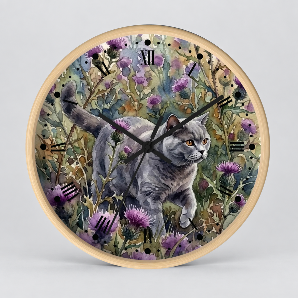 Gray Cat in Lavender Wildflowers Wood Wall Clock