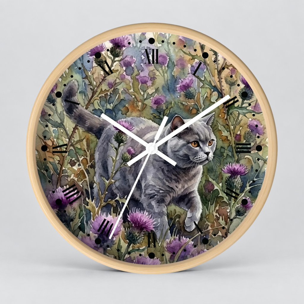 Gray Cat in Lavender Wildflowers Wood Wall Clock