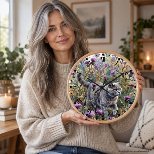 A woman with long gray hair holds a round wall clock in a cozy, warmly lit living room. The clock features a light wood frame and a printed design of a gray cat walking through a field of purple thistles and wildflowers.